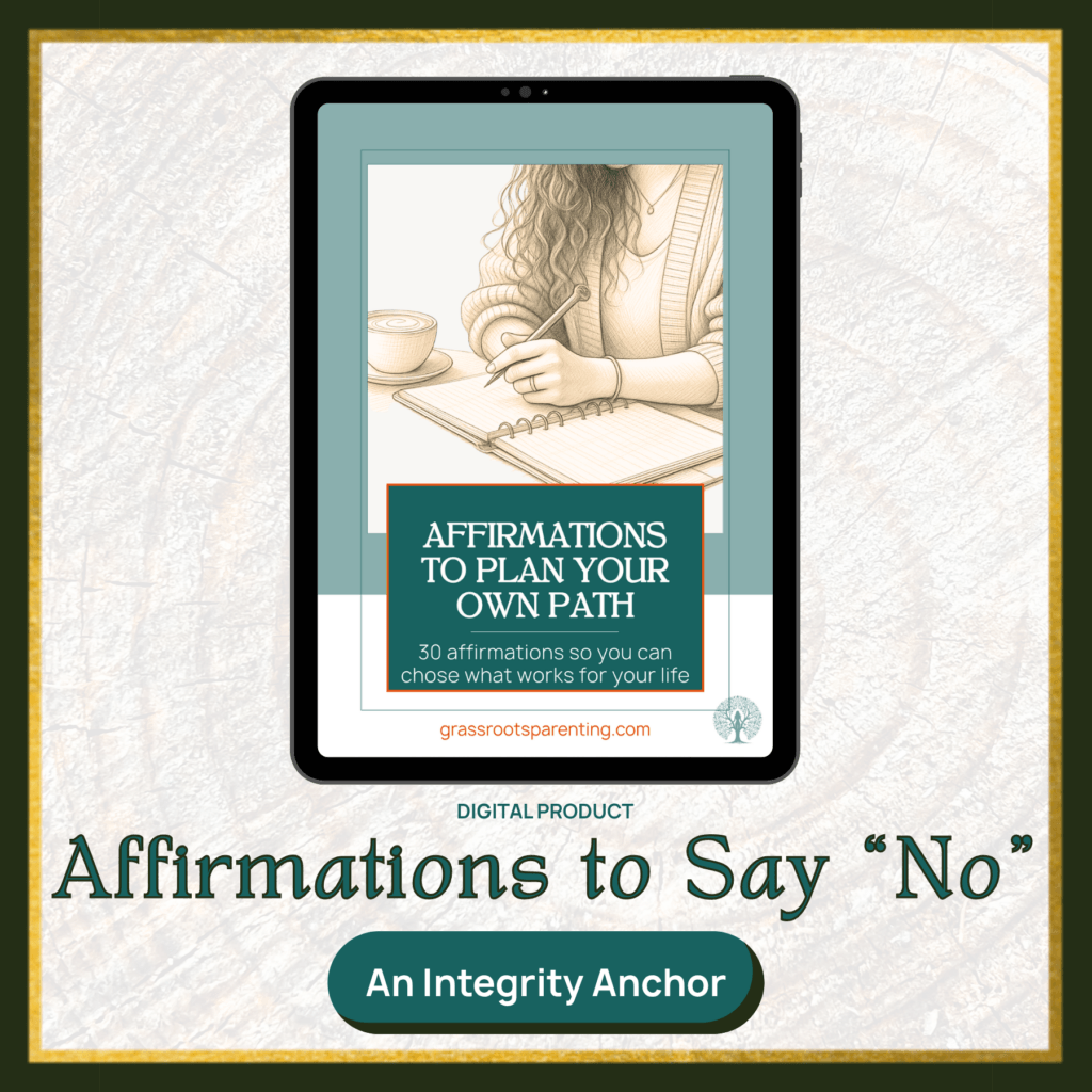 Square product image with very faint cross section of tree rings in the background; a very - almost black - frame with a gold leaf mat. Within an image of an iPad and text overlay that reads, "Affirmations to Say, No." and "An Integrity Anchor"