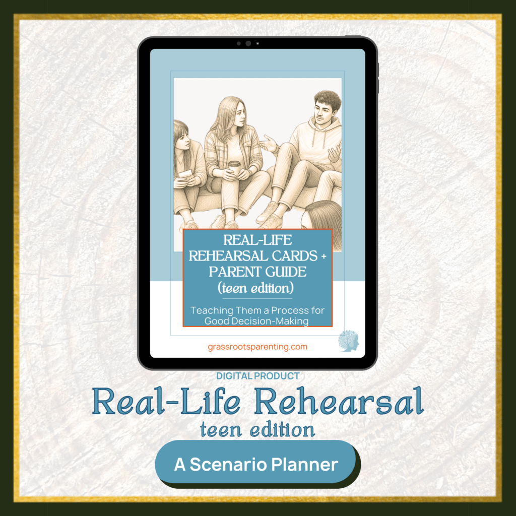 Square product image with very faint cross section of tree rings in the background; a very - almost black - frame with a gold leaf mat. Within an image of an iPad and text overlay that reads, Real Life Rehearsal Cards - Teen Edition ages 13-18