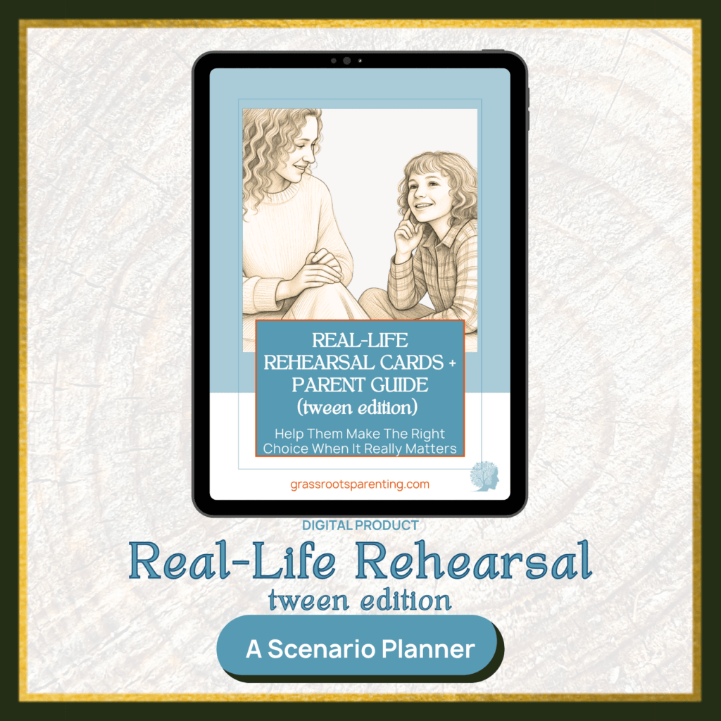Square product image with very faint cross section of tree rings in the background; a very - almost black - frame with a gold leaf mat. Within an image of an iPad and text overlay that reads, Real Life Rehearsal Cards - Tween Edition ages 9-12